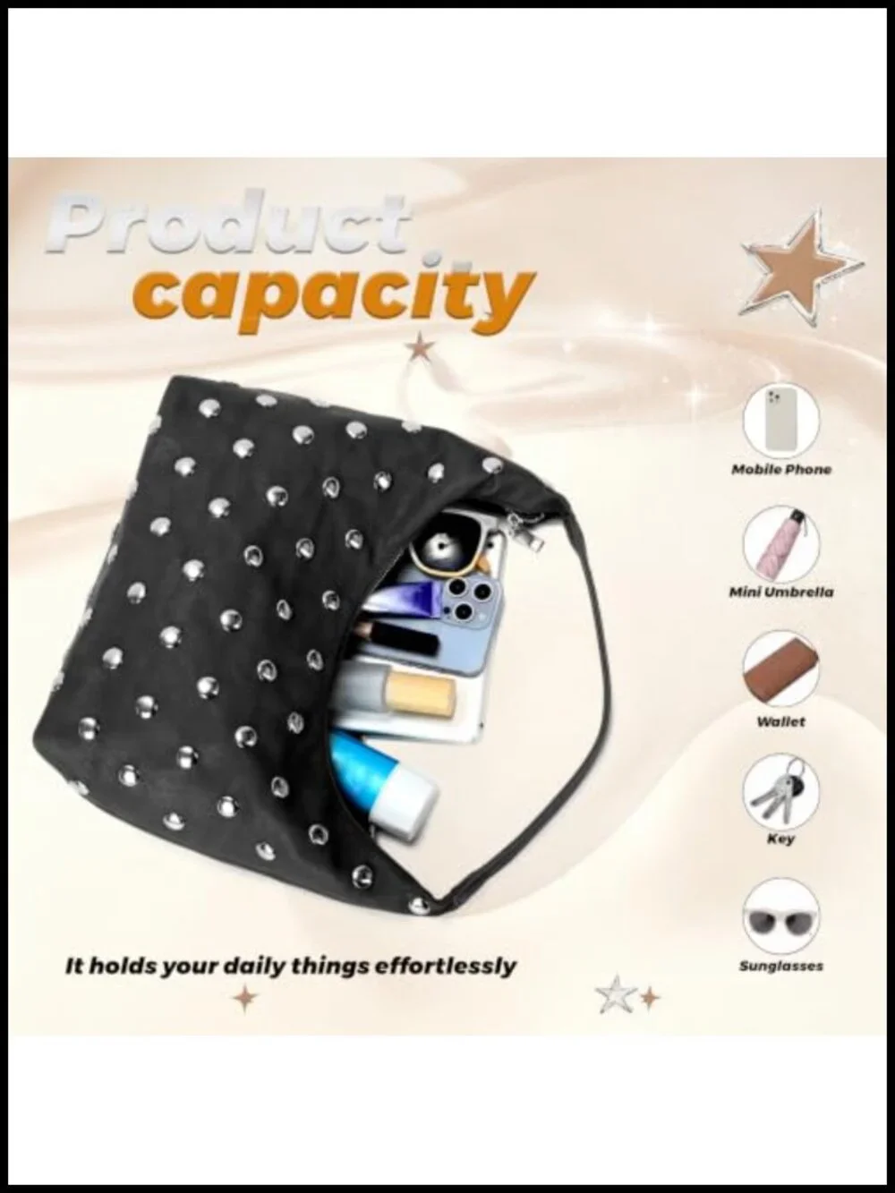 Studded Hobo Bag for Women Slouchy Shoulder Purse PU Leather